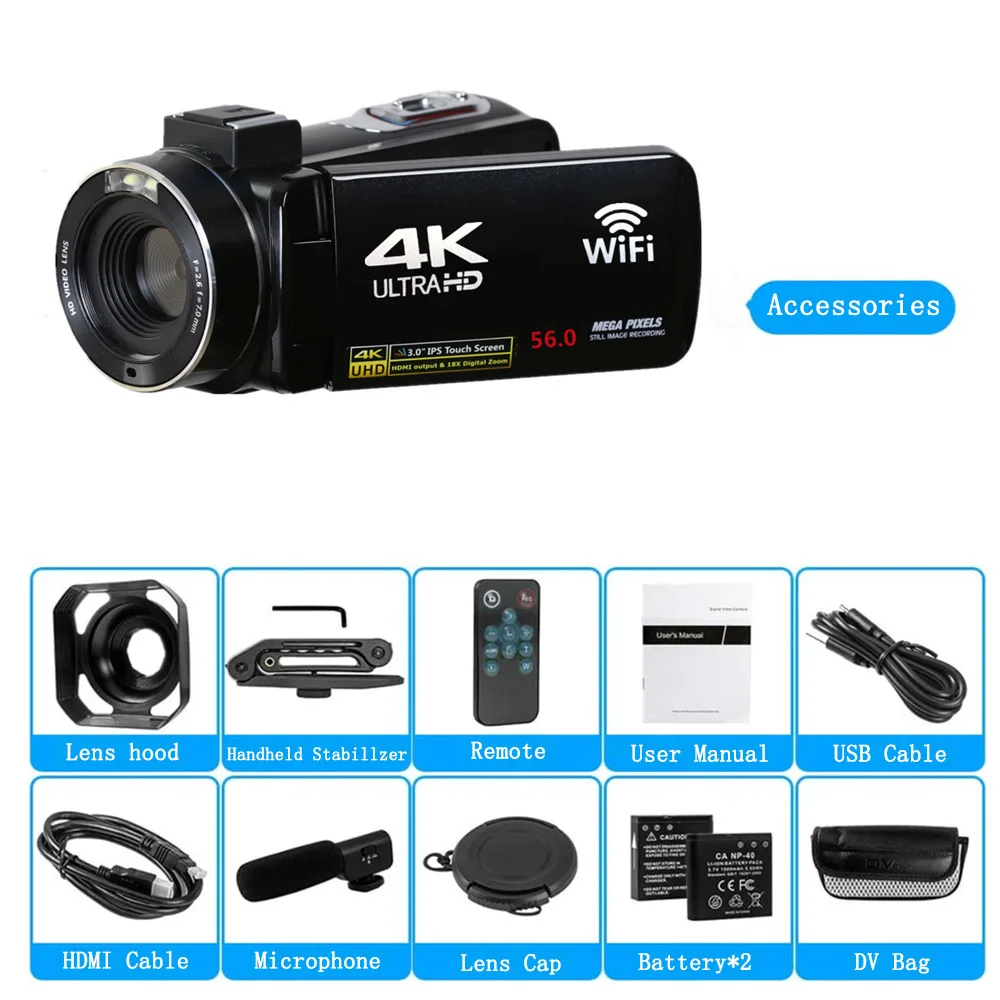

4K Digital Camera 56MP 3.0 inch IPS Touch Screen 270 ° Rotatable High-Definition Digital Camera Wifi With Microphone Recorder