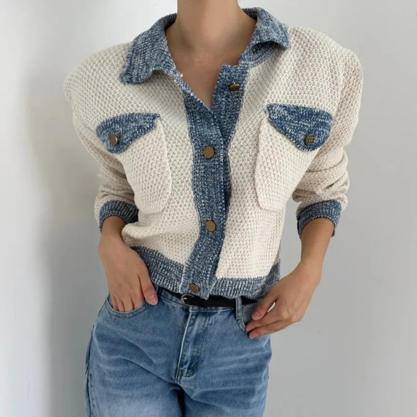 

Корейский шикарный лоскутный вязаный кардиган женский осенне-зимний ретро отложной воротник с длинным рукавом универсальный свитер куртка верхняя одежда