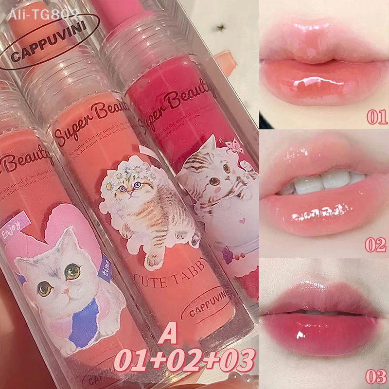 Cappuvini Cat Mirror Lip Glaze - High Gloss Moisturizing Sexy Red Lip Tint Long-Lasting Lipstick Essence for Lip Makeup