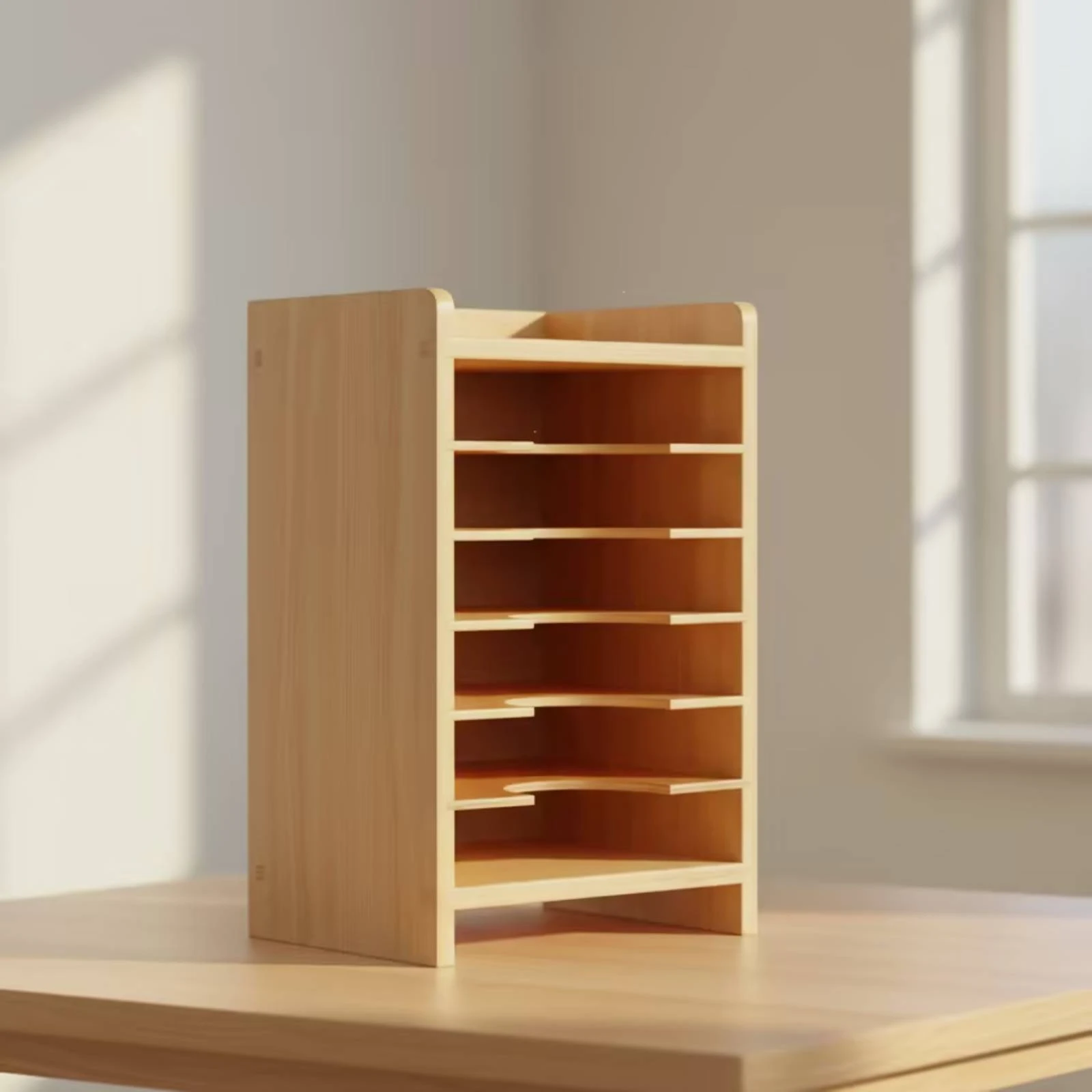 Educational Card Cabinet Curved Cutouts Six-Layer Card Cabinet Open Slots Natural Wood Finish