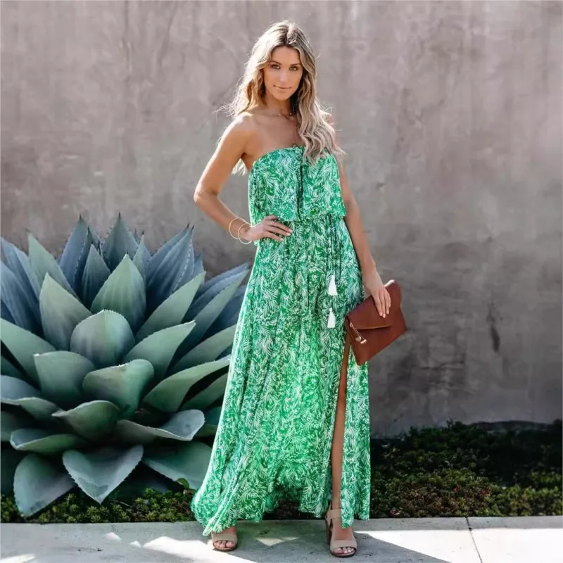 Elegant Green Women's Long Dress Sleeveless Off Shoulder Strapless Dress With A-line Hem Slit New Summer Collection 2025 Vestido