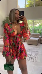 Sexy V Neck Long Batwing Sleeve Floral Print Loose Asymmetrical Dress Summer Women Irregular Leaf Print Party Boho Dresses