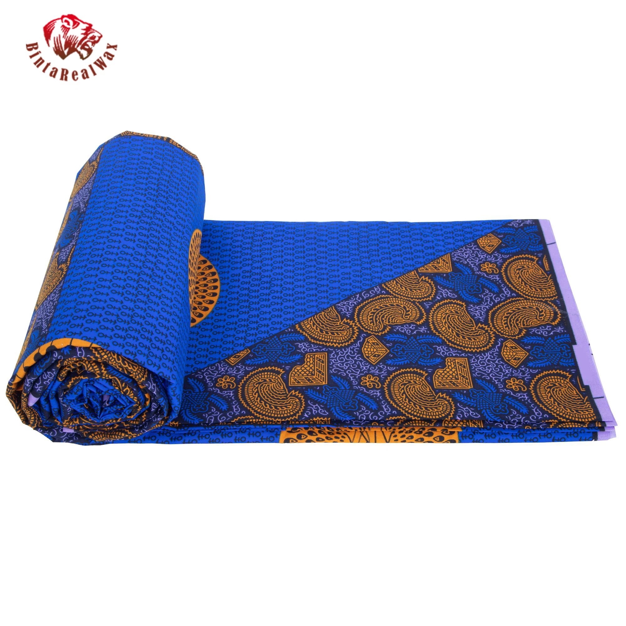 African Ankara Wax Print Fabric – Blue & Gold Peacock & Paisley Design Perfect for Dress, Skirt, Headwrap FP6703 view 4