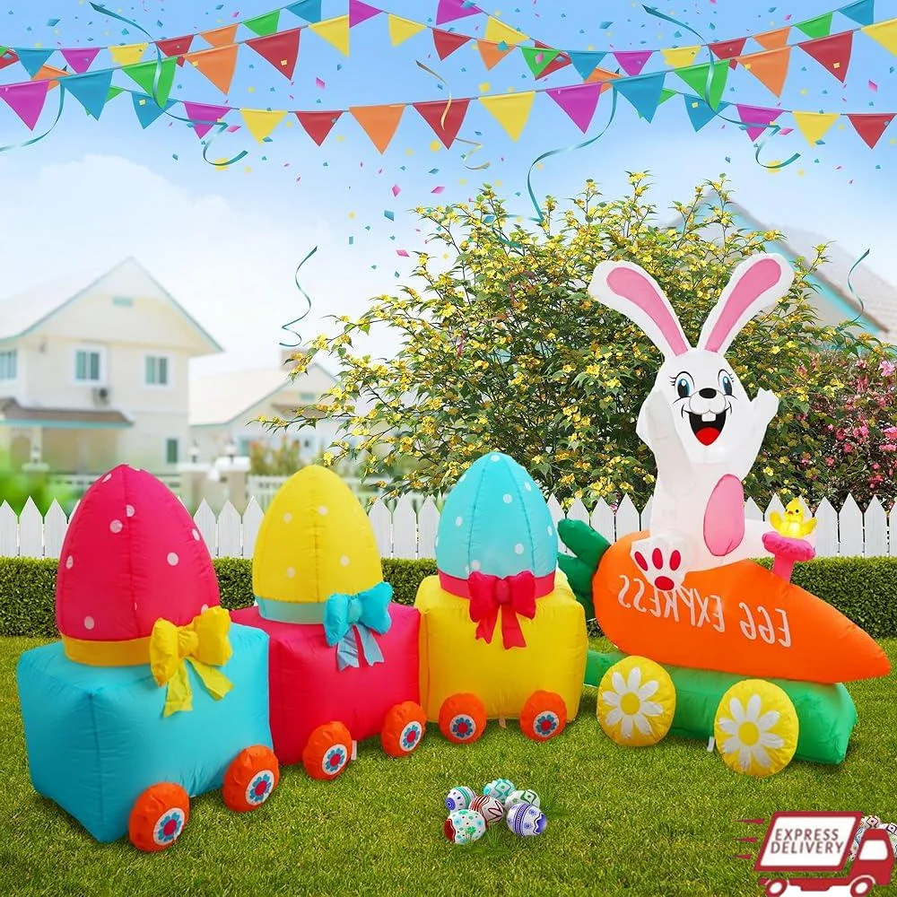 

Easter Inflatable Train with Bunny Carrying Eggs 11FT Decorations Built-in LED Lights Outdoor Waterproof Festive Display