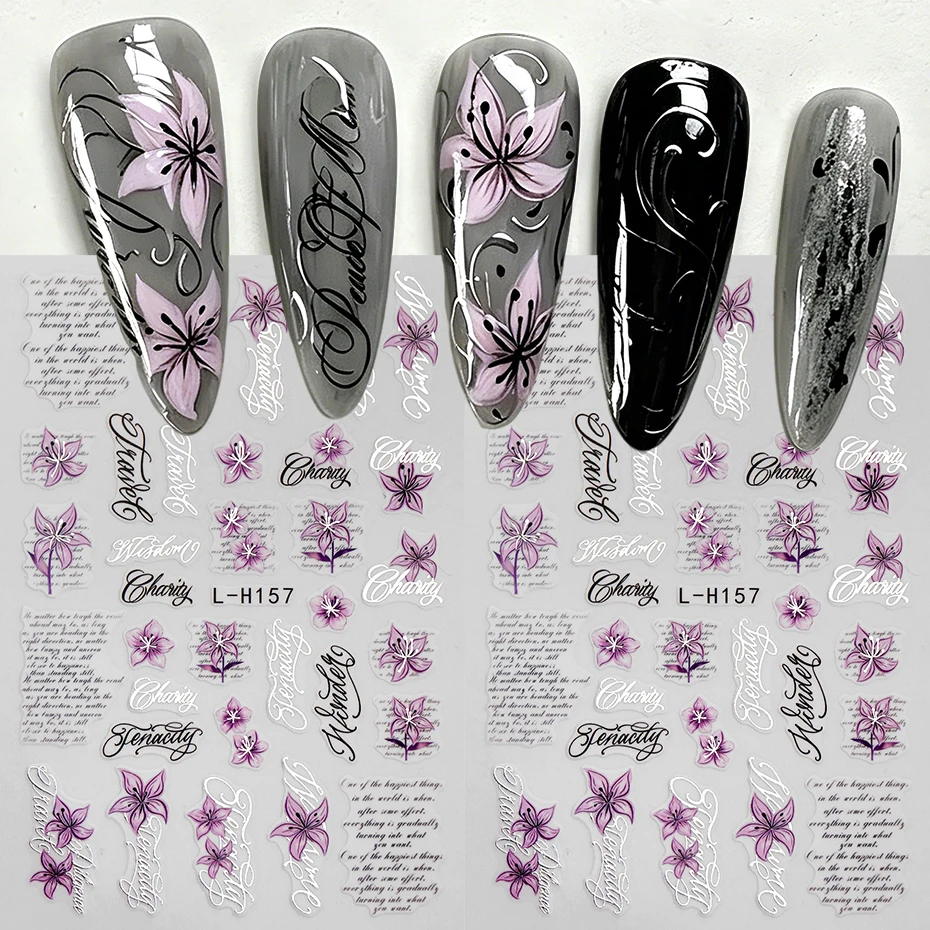 2 Stück lila Lilien-Blumen-Nagelaufkleber, silbrige englische Kursivbuchstaben-Nagelaufkleber, florale Nagelkunst-Aufkleber, Maniküre-Dekorationen