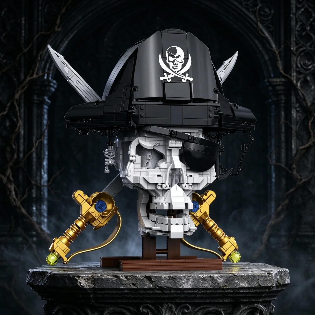 1202PCS Pirate Head Skull Building Blocks Toy–Birthday Christmas Gift,Cool Desk Entryway Decor for Men,Stress Relief DIY Puzzle