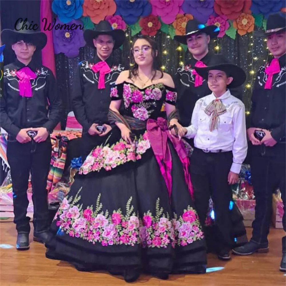 Black Floral Quinceanera Dresses Mexican Off Shoulders Charro Fifteen Birthday Dress Vestido Para 15 Años Vintage Customized