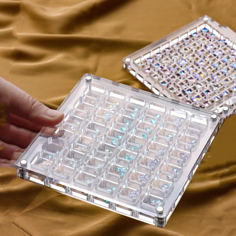 100/64/36 Grids Jewelry Nail Rhinestone Display Tray Decoration Case Large Capacity Transparent Nail Square Storage Container