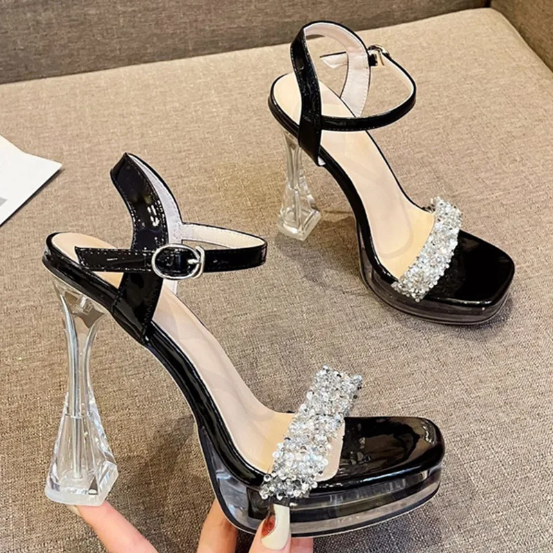 2024 Summer Women 12cm High Heels 3cm Platform Pumps Cross Belt Diamond Sandals Square Toe Luxury Pink Silver Fashion Shoes