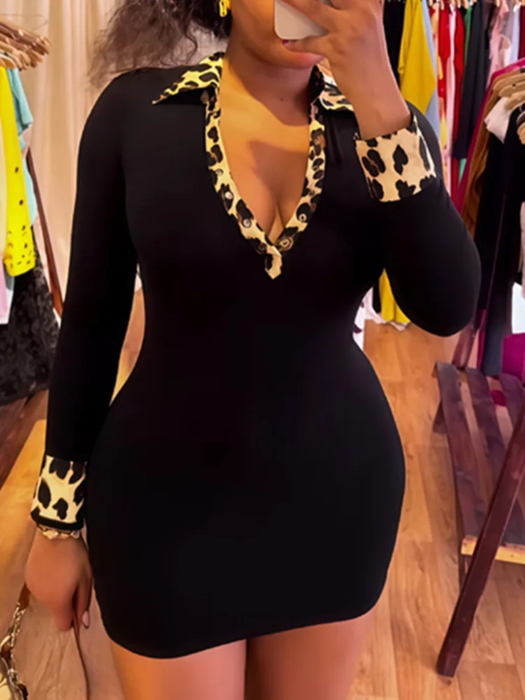 

SKMY Women Clothing 2025 Summer New Long Sleeve Turn-Down Collar Fashion Leopard Printed Patchwork Sexy Tight Fitting Dress