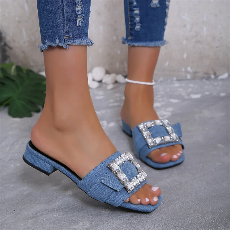 New Summer Style Fashionable Comfortable Casual Elegant Wear-resistant Low-heeled Square Buckle Rhinestone Simple Woman Slippers