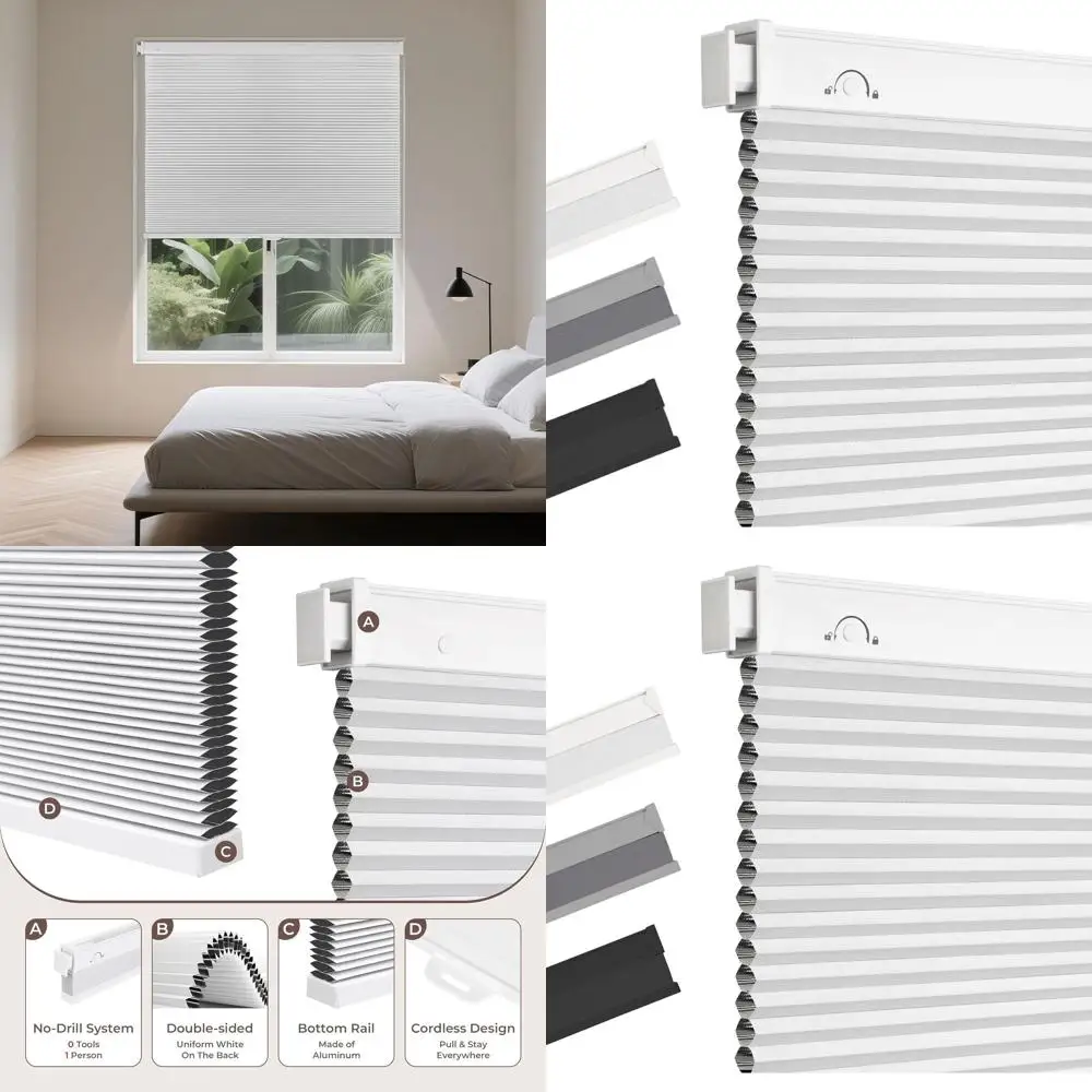 Persianas Celulares Opacas Inalámbricas, Fáciles de Desplegar, con Parada Libre, Instalación para Hogar u Oficina, Blancas, 34x64