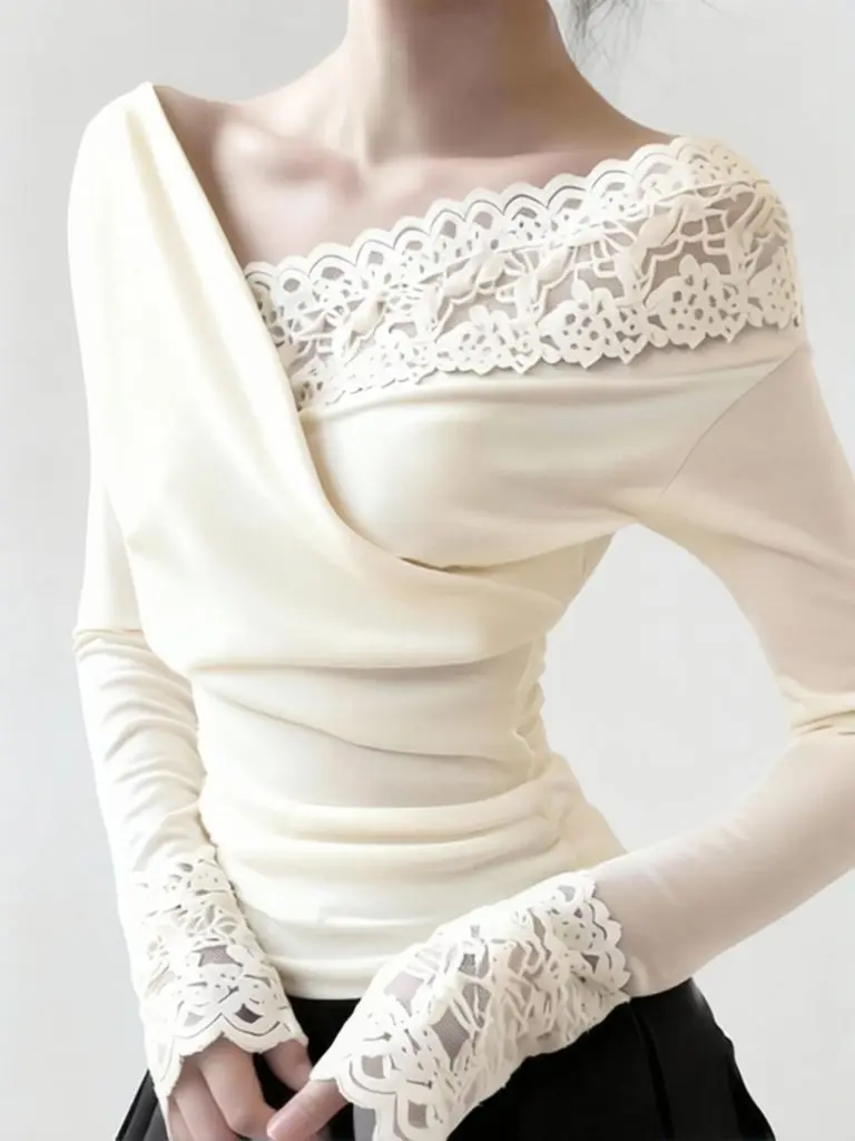 Sexy Patchwork Lace One Shoulder T Shirt Women Beige Casual Long Sleeve Basic Tees Vintage Korean V Neck Off Shoulder Tops
