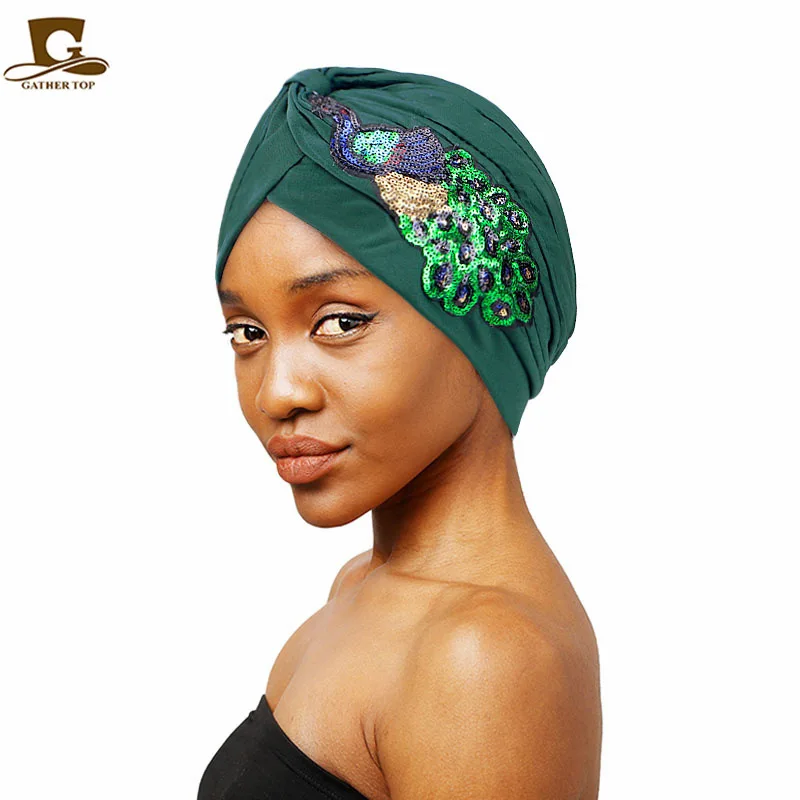 

2024 New Fashion Women's Ethnic Hat Trendy Hair Loss Hat With Sequin Peacock Pleated Twist Indian Hair Turban Beanie Cap