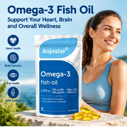 Omega‑3 Fish Oil Softgels 1300mg, rTG 90%+, EPA DHA With Vitamin D3, Burpless Lemon Flavor,60 Softgels