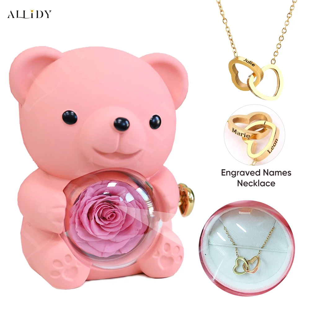 Real Preserved Eternal Rose Teddy/Hugging Bear with Engraved Name Necklace Jewelry Gift Box Christmas Valentine\'s Day Birthday