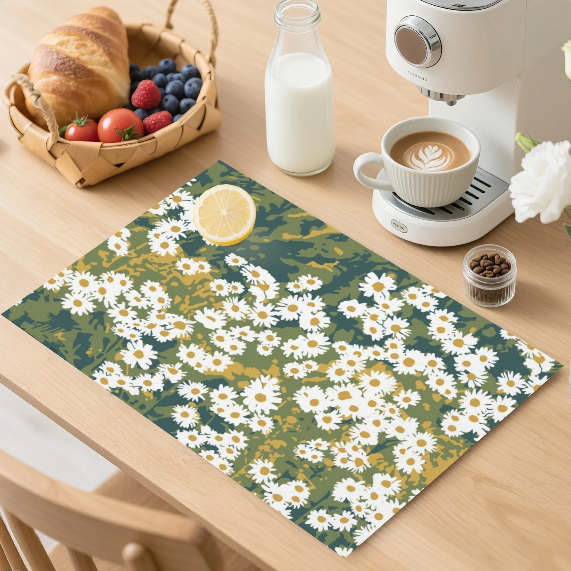 Tovaglietta per pasto leggero rurale francese e tè pomeridiano Margherita Elementi naturali a base verde Tovaglietta per decorazioni abbinate per feste di yogurt di bacche