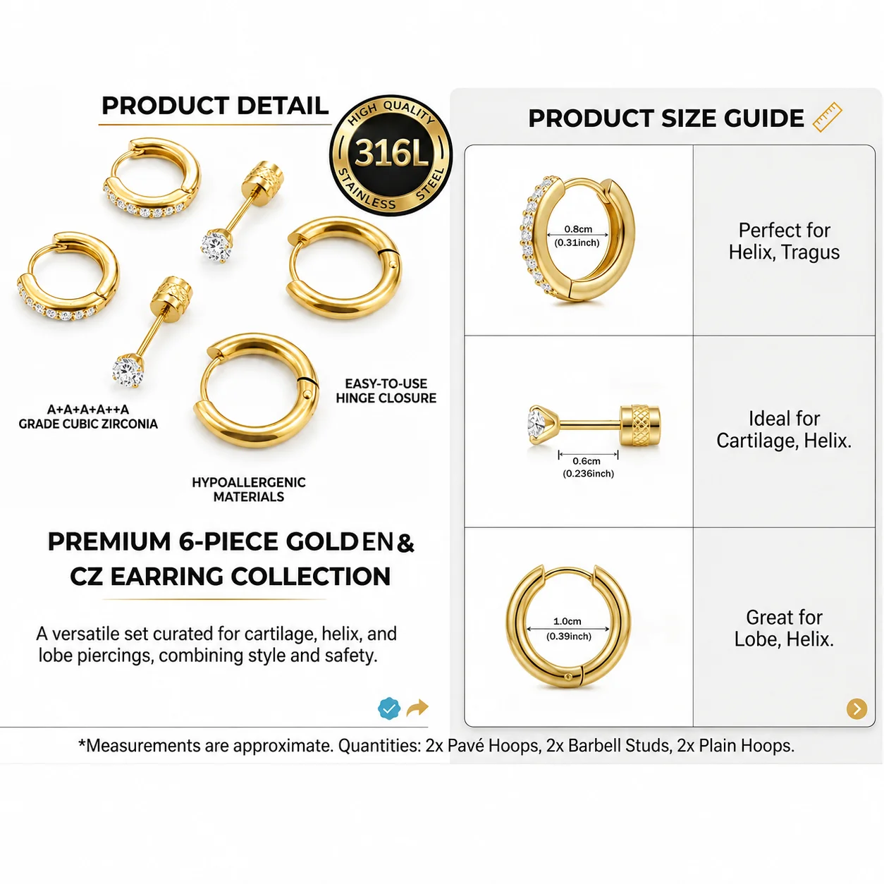 EVISPOL 316L Surgical Stainless Steel CZ Stud Earrings for Women Men Hypoallergenic Cartilage Tragus Helix Huggie Hoop Earrings