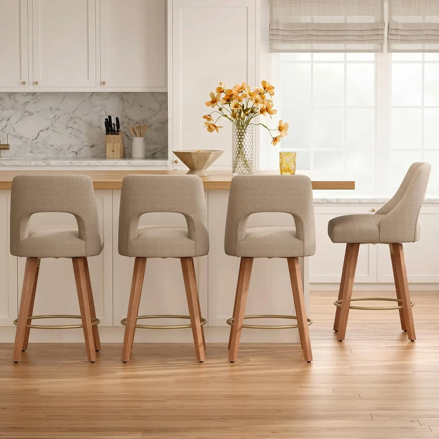 Swivel Bar Stools Set of 4, Upholstered Counter Height Bar Stools, Modern Mid Century Counter Stools with Wood Legs, Customized