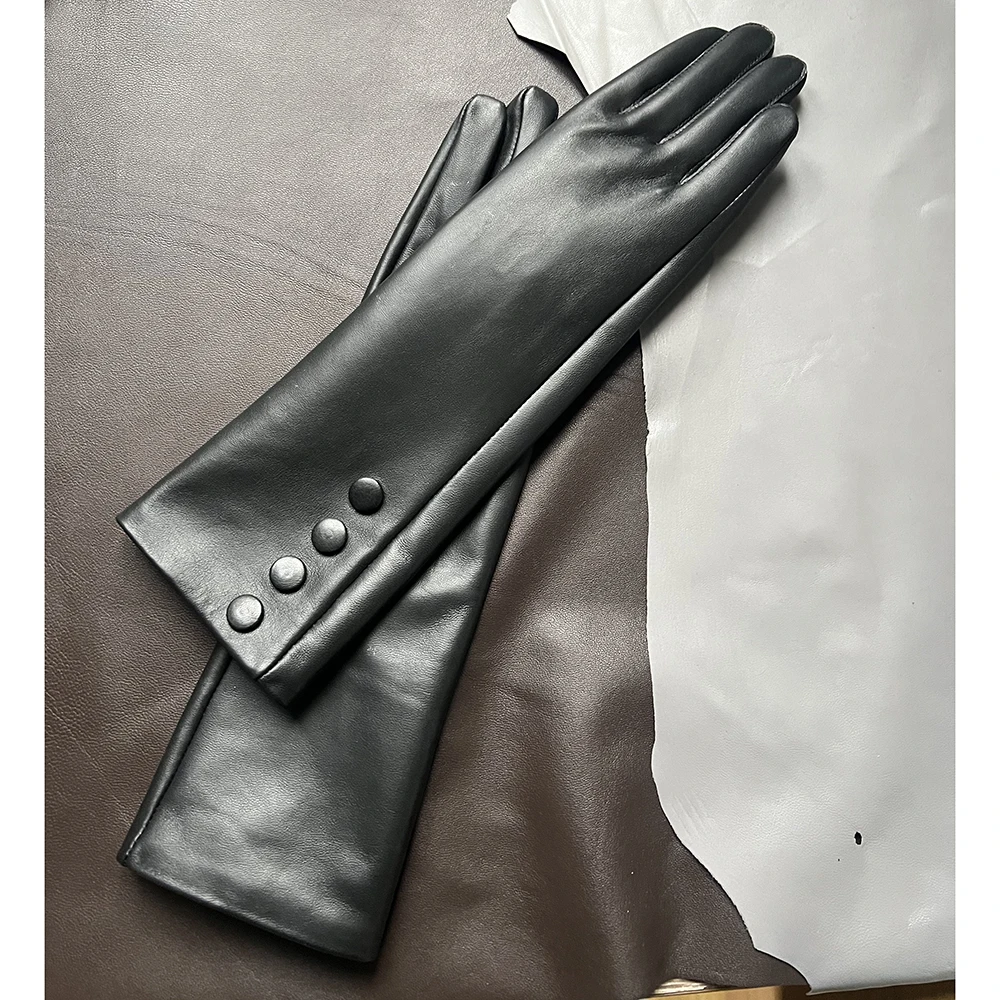 40cm Leather Gloves are Long For Men and Women Padded Velvet Lining Keeps Warm Windproof Black Leather Clasp