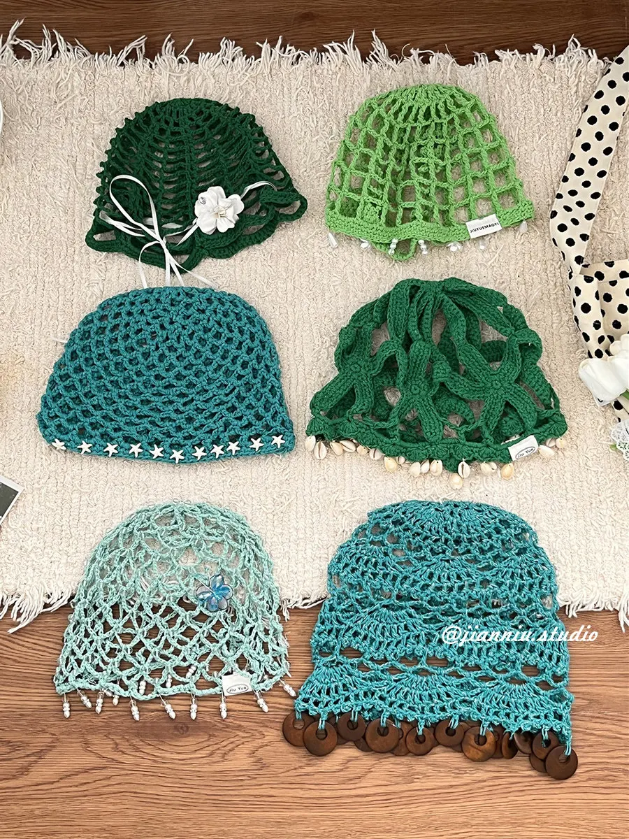 Korean Fresh Style Hand Crochet Hollow Head Wrap Cap Thin Breathable Beanie Versatile Pullover Hat for Women Spring Summer