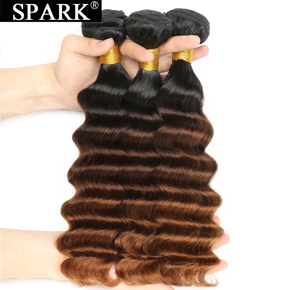 Spark Human Brazilian Hair Bundles With Frontal Ombre Loose Deep Wave Ear To Ear 13x4 Lace Frontal With 3/4 Bundles 1B/4/30 Remy