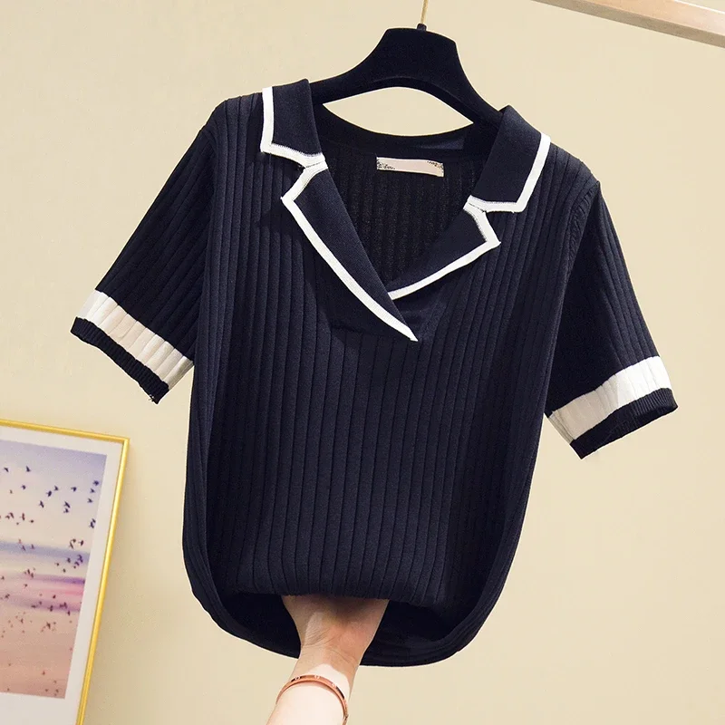 

V-neck Patchwork Sweater Women Summer Short Sleeve Knitted Pullover Fashion Black Tops