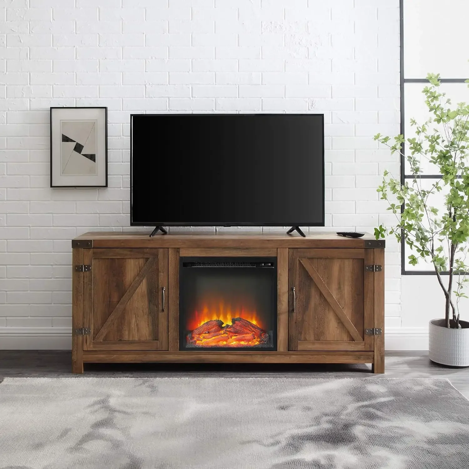 Modern Farmhouse Double Barn Door Fireplace TV Stand for TVs up to 65 Inches, 58 Inch, Rustic Oak