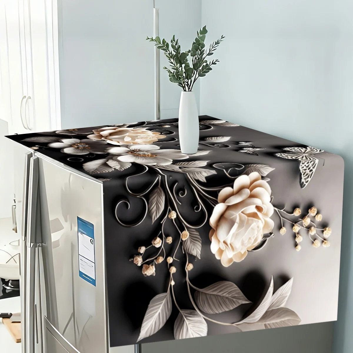 60*150cm Metal Rose Refrigerator Cover 2D Flat Floral Theme Washing Machine & Refrigerator Universal Dust Cover Home Decoration