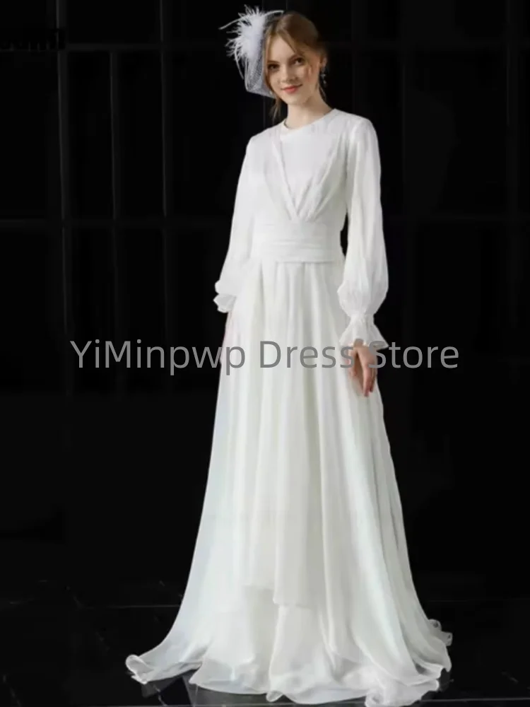 ชุดแต่งงานเรียบง่าย คอทรงโอ แขนพองทรงเอไลน์ สำหรับเจ้าสาวชาวมุสลิม ผ้าชีฟอง สามารถสั่งตัดได้