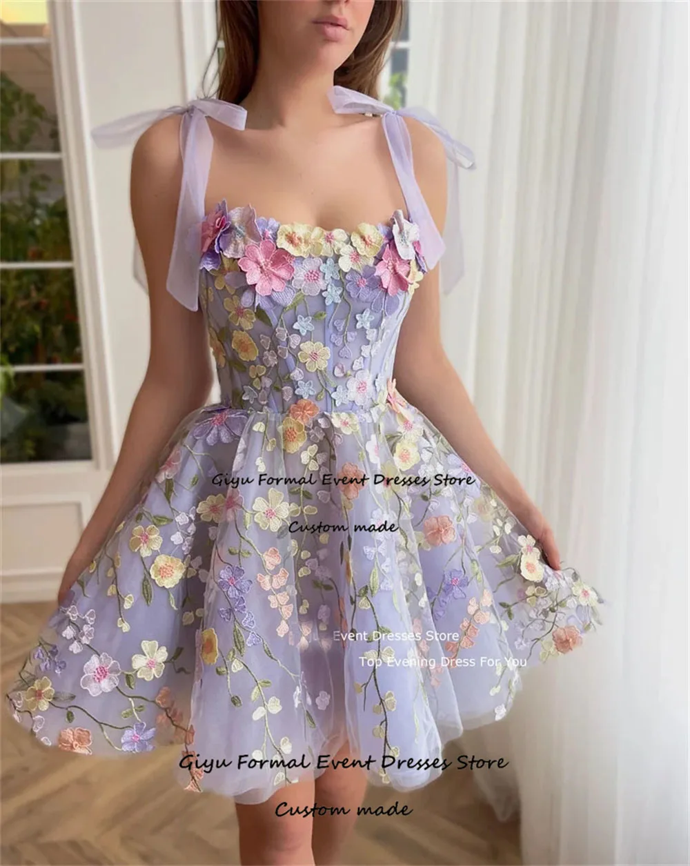 

Giyu Lavender Floral Lace Mini Prom Dress Short Evening Dress Embroidery Flower Party Dress A-Line Wedding Party Gowns Pockets