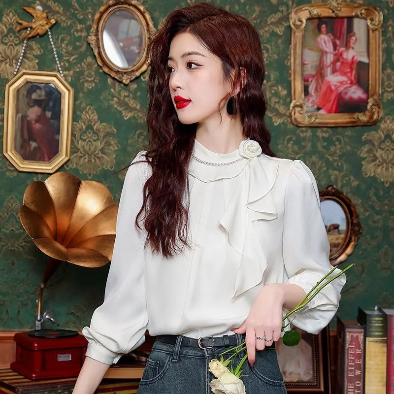 2024 Early Spring Retro Socialite Satin Shirt for Women French Western Style Ruffle Edge Temperament Versatile Long Sleeve Top