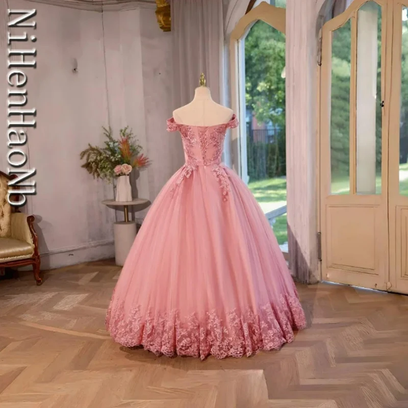 Summer New Pink Quinceanera Dresses Sweet Flower Party Dress Lace Ball Gown Luxury Classic Boho Vestidos For Girls