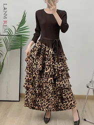 LANMREM Leopard Print Pleated Dress With Sleeves Women Round Neck Stitching Gathered Waist Party Dresses 2025 Spring New 2DB1552