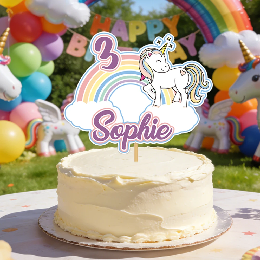 Personalisierter Geburtstagstorten-Aufsatz mit individuellem Namen, Party-Regenbogen-Einhorn-Muster, Kuchendekoration, Obst-Dessert-Spieße, Partyzubehör