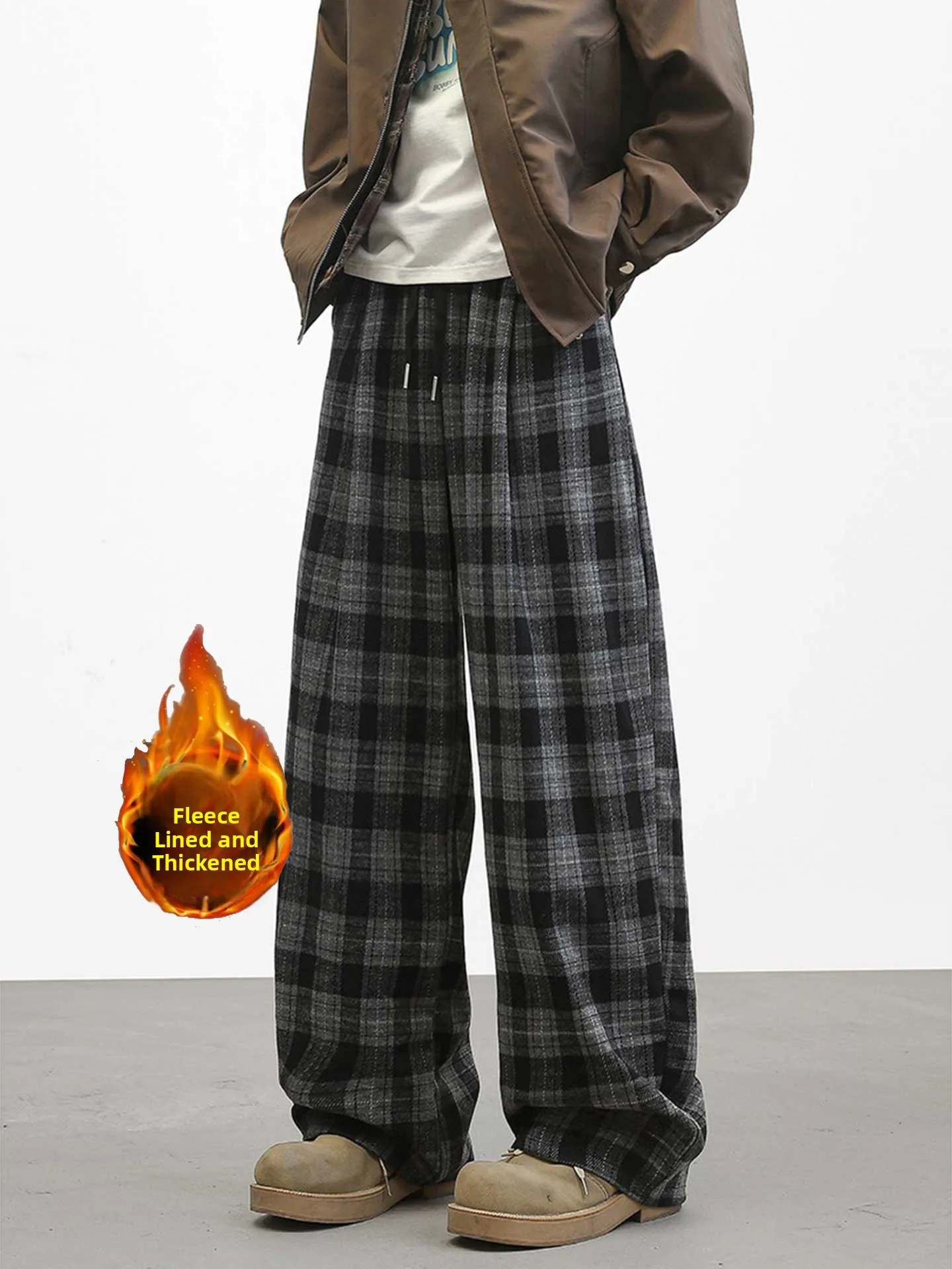 

Men's Plaid Pants Autumn Winter Thiened Fce Wide Leg Straight Casual Sports Trendy Brand Knife Blade Sweatpants