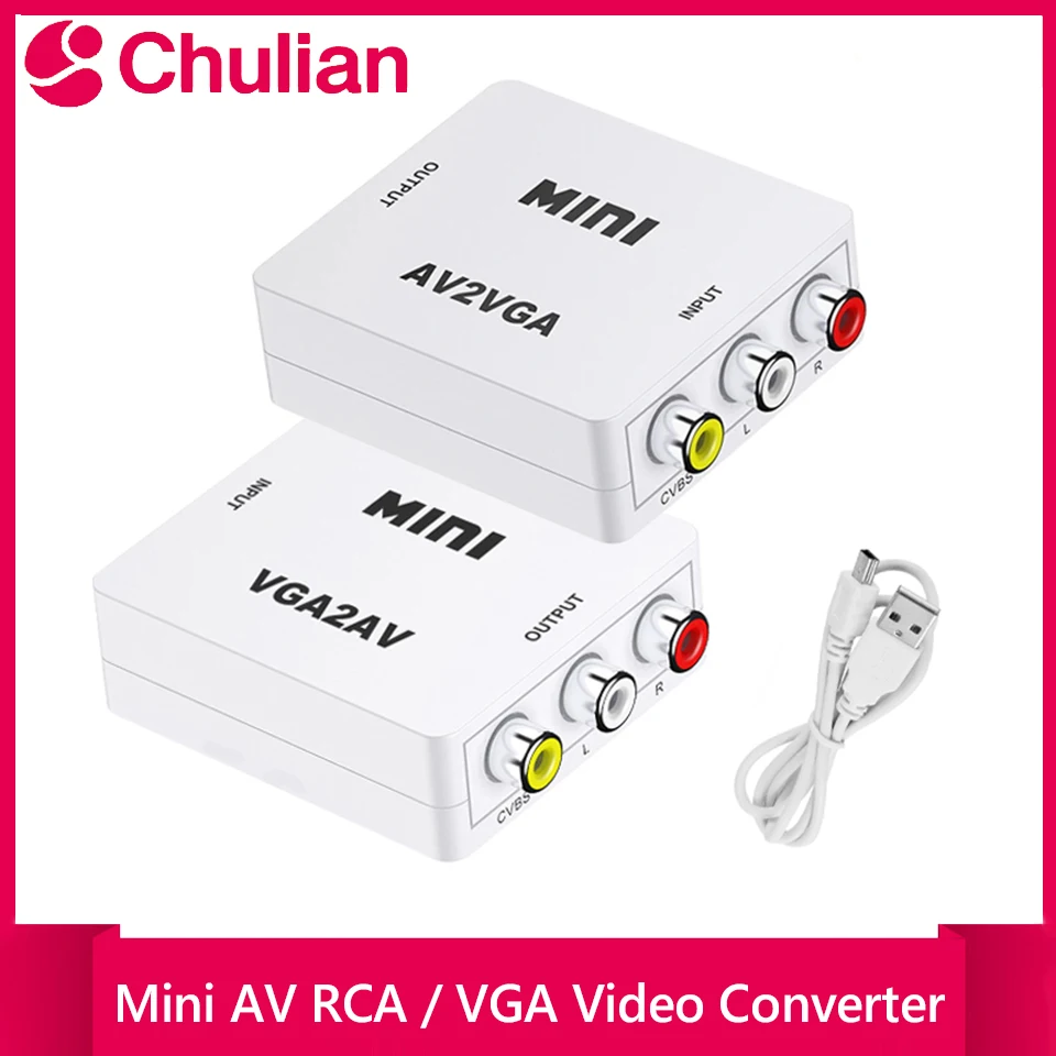 Mini Convertidor de Video AV2VGA, Caja Convertidora de AV RCA CVBS a VGA con Audio de 3.5mm para PC y HDTV