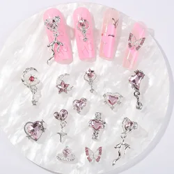 10pcs Flash Pink Nail Accessories Love Butterfly Star Cross Nail Art Charms Luxury Crystal Metal Pendant Nail Decorations Parts