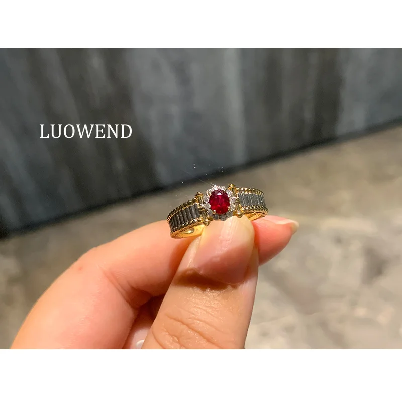 

LUOWEND 100% 18K Yellow Gold Rings Luxury Elegant Style Real Natural Ruby Engagement Ring for Women High Party Jewelry