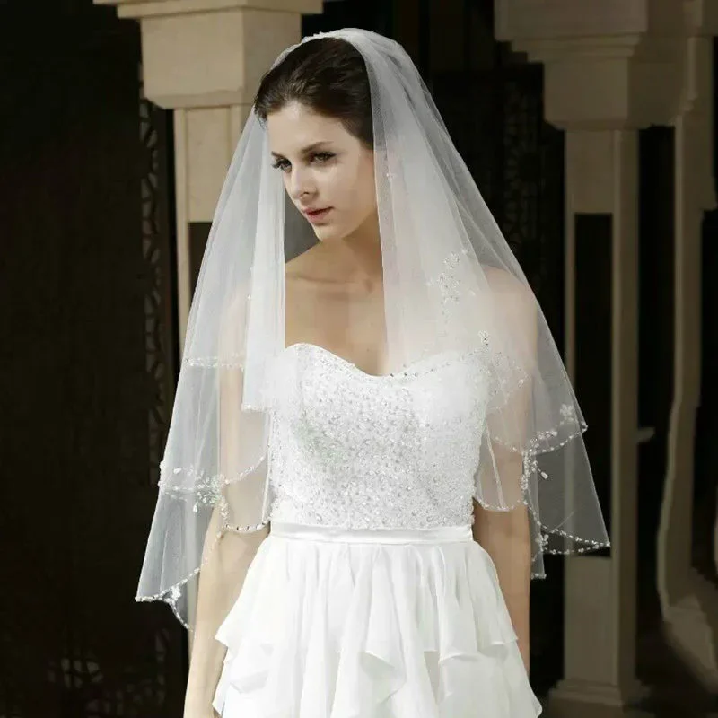 

2021 Elegant Charming Veu De Noiva Two Layer Soft Tulle Wedding Veils White/Ivory Bridal Veil With Crystal Wedding Accessories