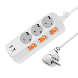 Wtyczka europejska gniazdo 16A 250V gniazdko elektryczne 2USB Port 5V 2A 3AC ue gniazda indywidualne Switche 1.5/3M przedłużacz