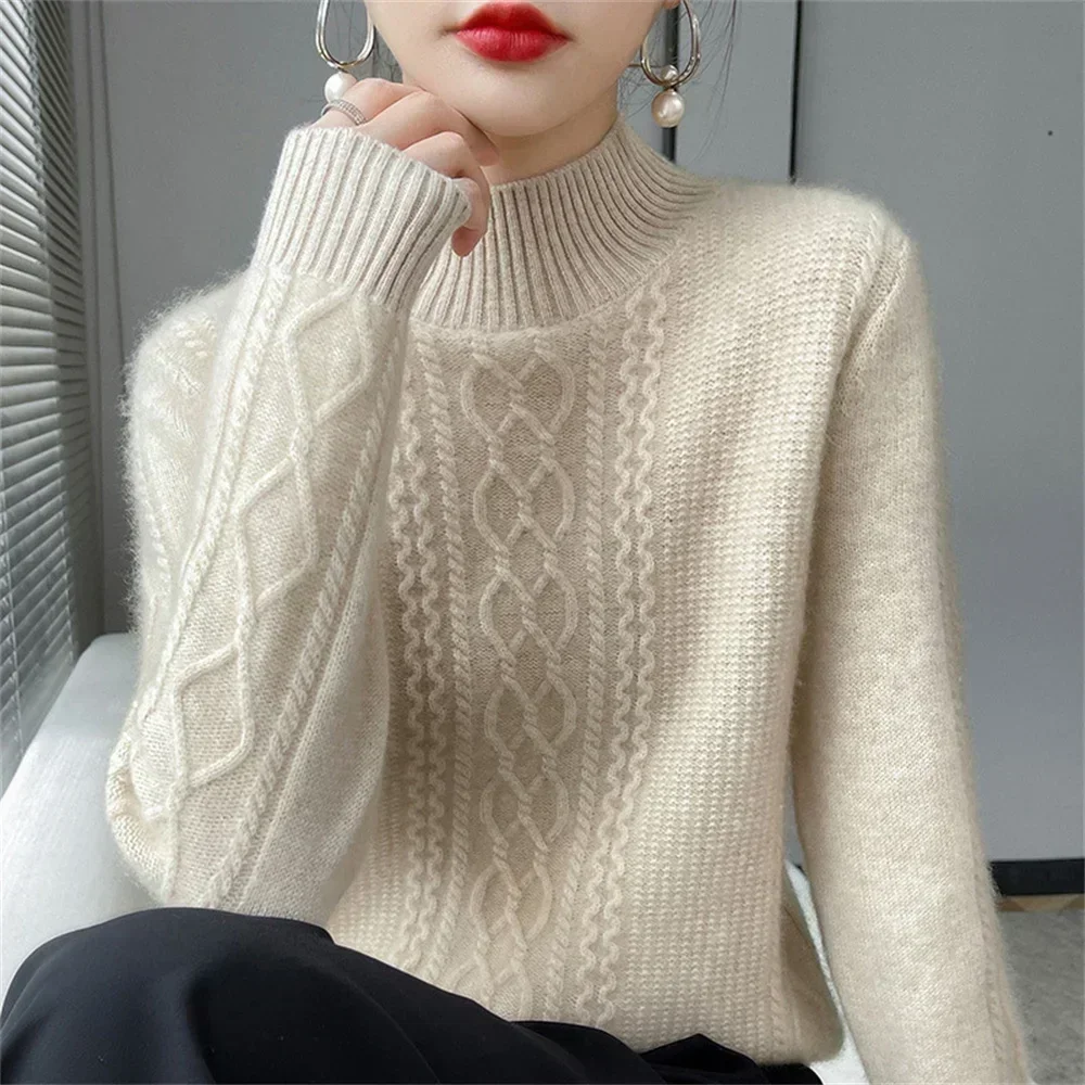 

Korean Women's Sweater Autumn Winter Outside Wear Pullovers Half High Collar Knitwear Fashion Long Sleeve Pull Femme Basic Tops