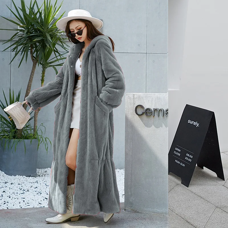 

Women Faux Rabbit Fur Coats Solid Long Fur Jackets Pocket Hooded Long Sleeves Thick Warm Fur Loose Fit Casual 2025 Autumn Winter