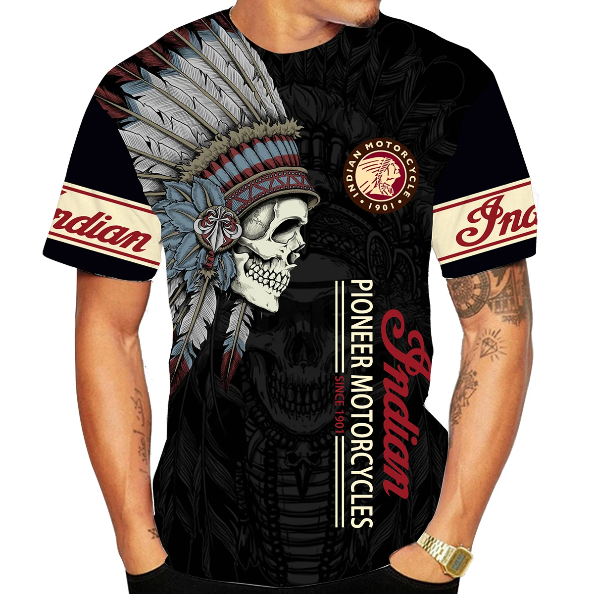 Plus Size Men\'s Motorcycle Summer Unisex T-Shirt Indian Style Printed T-Shirt Oversized Casual Sportswear Quick Dry