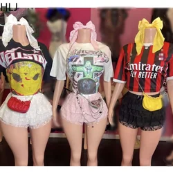 HLJ Fashion Y2K Streetwear Women Graffiti Print Cotton O Neck Loose Tshirts And Lace Ruched Skirts Shorts Two Piece Sets Outfits