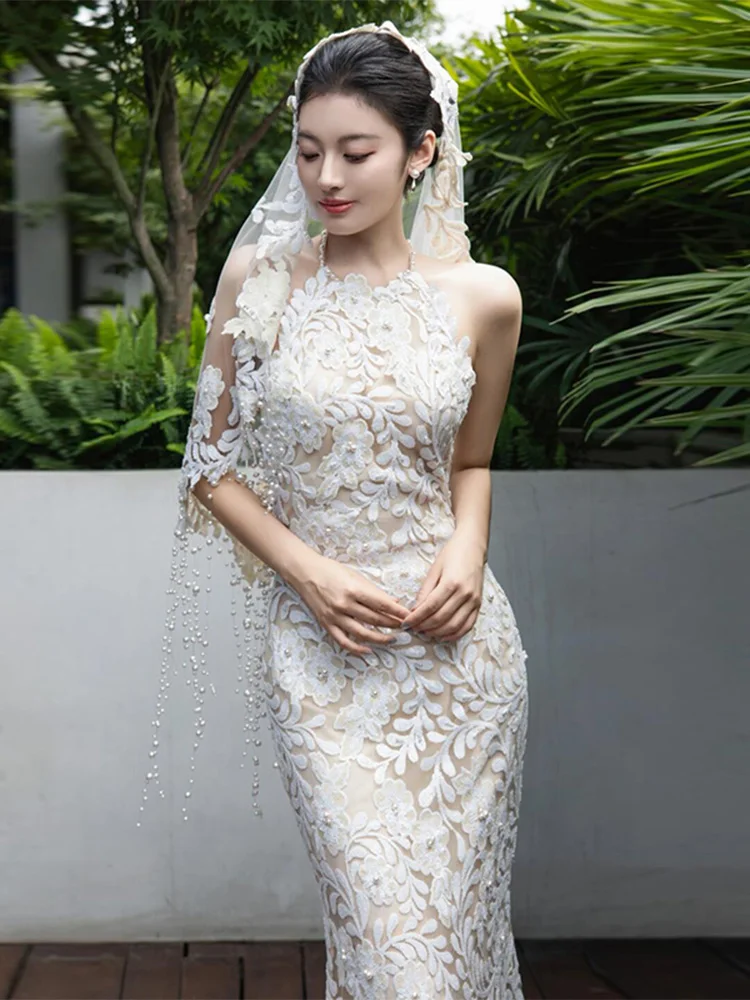 

Ele Lace Bridal Gown Neline Wedding Dr Vintage Sle Long Skirt Faionable mid Waist No Sve for Engagement