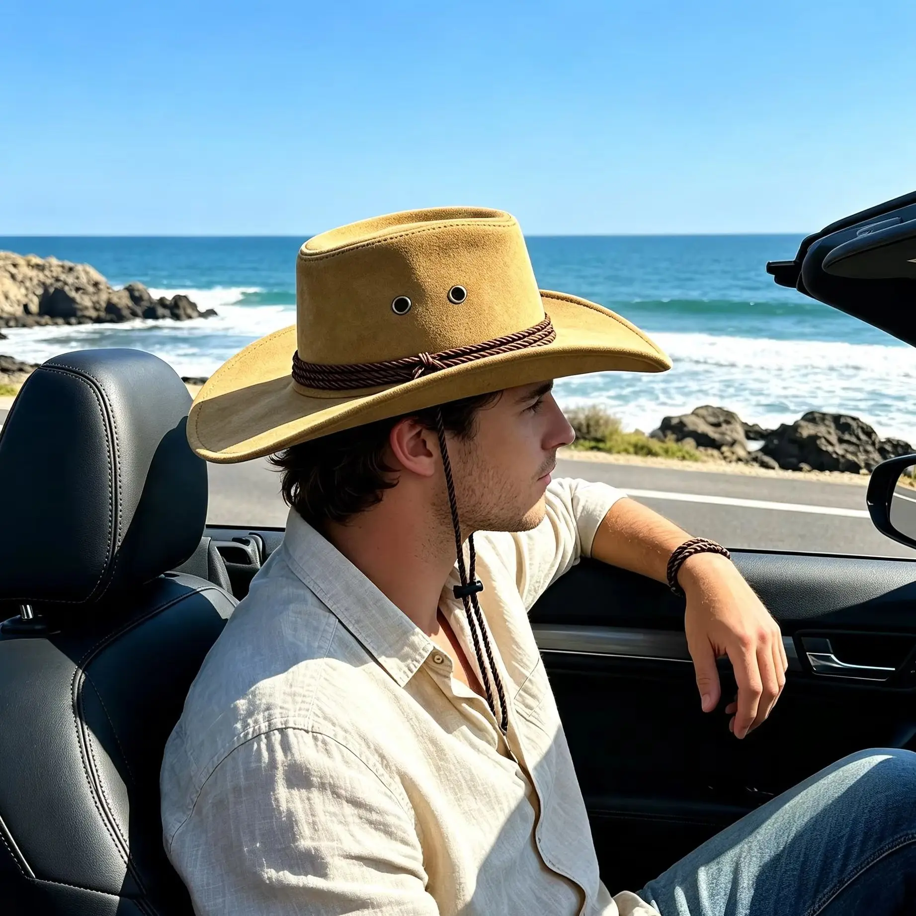 Vintage Western Cowboy Hat Wide Brim Faux Suede Outdoor Safari Horse Riding Braided Band Adjustable Windproof String Unisex Cap