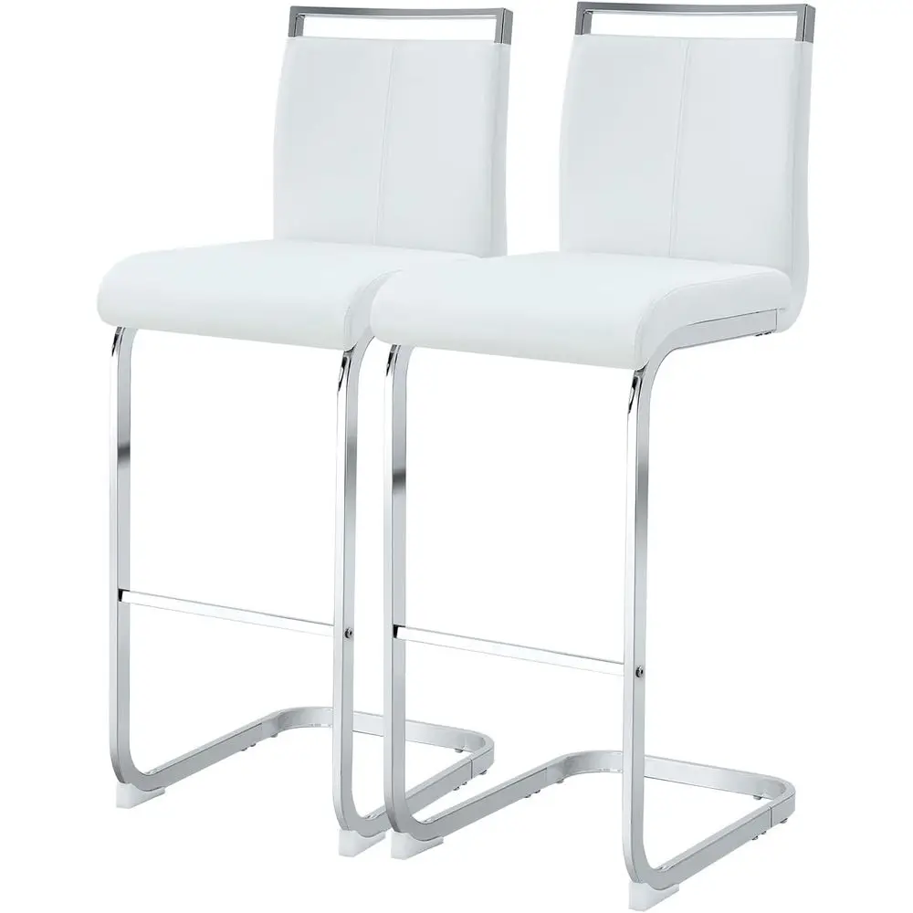 

Set of 2 30 Counter Height Bar Stools: Upholstered PU Leather with Chrome Metal Base, White and Silver