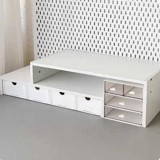 Desktop Riser Stand Drawer Style Computer Notebook Monitor Storage Box Dormitory Desk Organizer PVC Material Home Organization