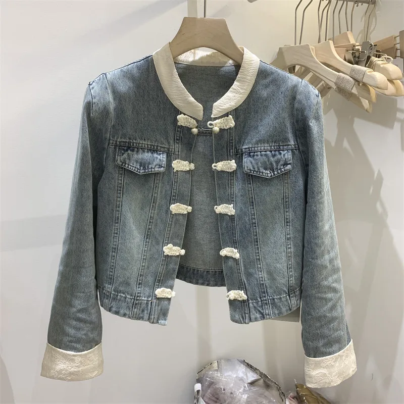 Nuovo cappotto di jeans da donna in stile cinese 2024 primavera moda o-collo Splicing fibbia a disco giacca di jeans manica lunga capispalla allentata B327